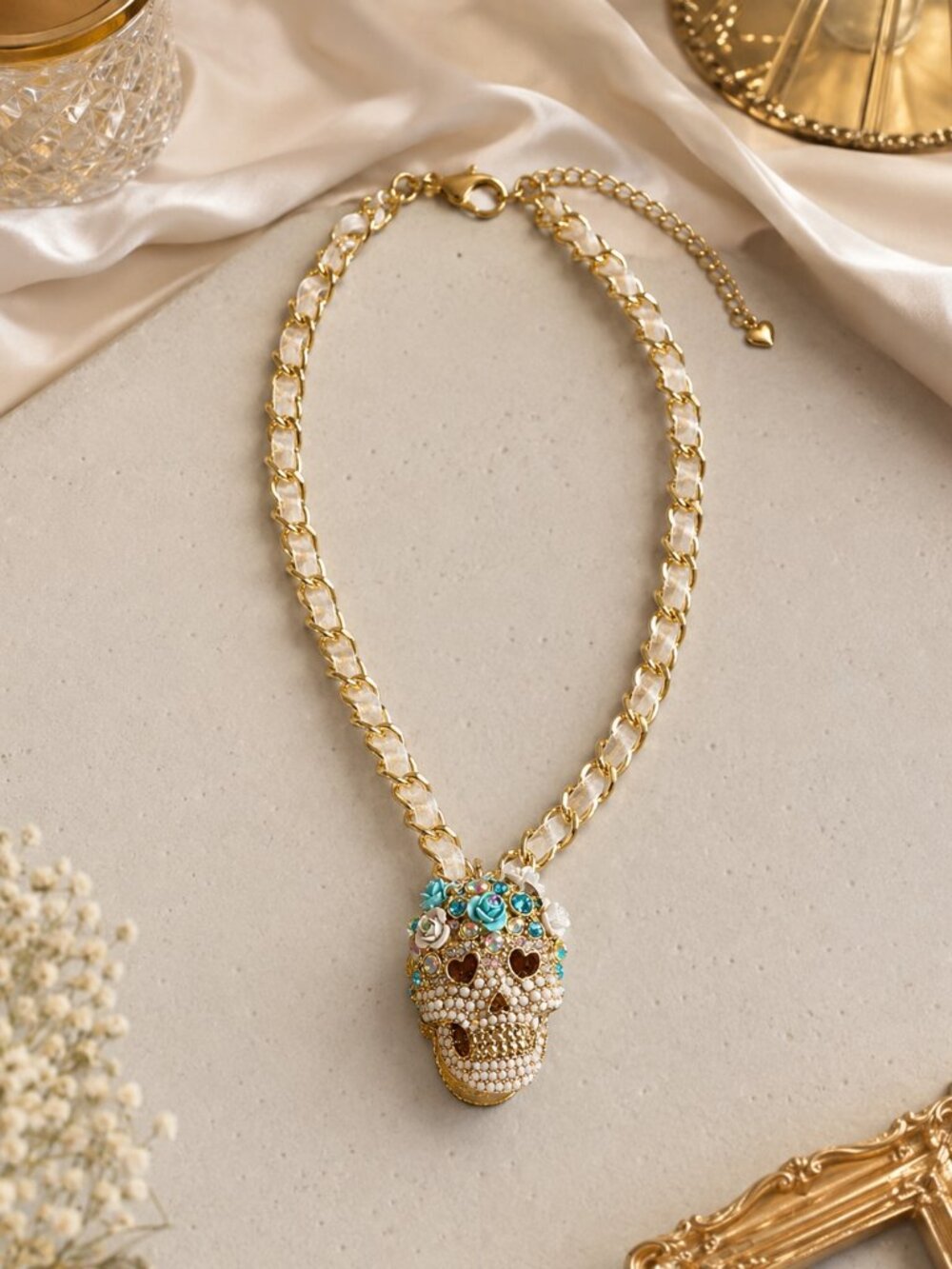 Betsey Johnson Sugar Skull Necklace Aurora Borealis Opal Gold NWT